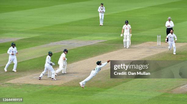 Asad Shafiq of Pakistan takes the catch to dismiss Dom Bess of England during Day Three of the 1st #RaiseTheBat Test Match between England and...