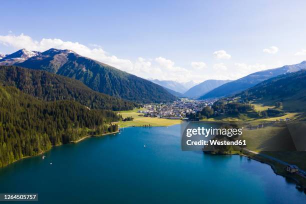 switzerland, canton of grisons, davos, aerial view of lake davos in summer - davos switzerland stock pictures, royalty-free photos & images