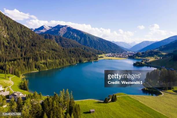 switzerland, canton of grisons, davos, aerial view of lakedavosin summer - davos switzerland stock pictures, royalty-free photos & images