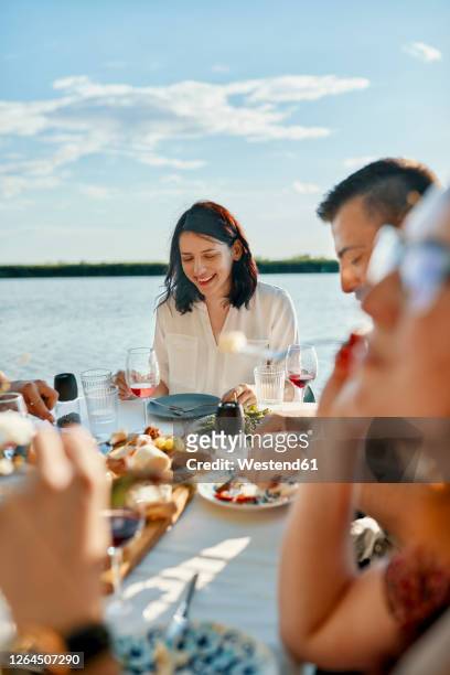 friends having dinner at a lake - al fresco dining stock pictures, royalty-free photos & images