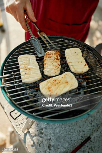 halloumi cheese on barbecue grill - grilled halloumi stock pictures, royalty-free photos & images