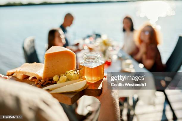 man serving cheese platter for friends at a lake - cheese board imagens e fotografias de stock