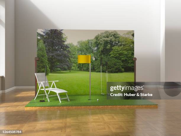 scenery with golf course in empty loft apartment - golf club house stock pictures, royalty-free photos & images