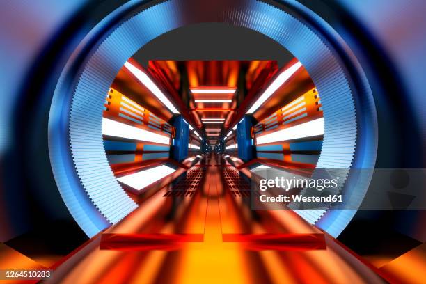 three dimensional render of brightly illuminated space ship corridor - spaceship inside stock illustrations