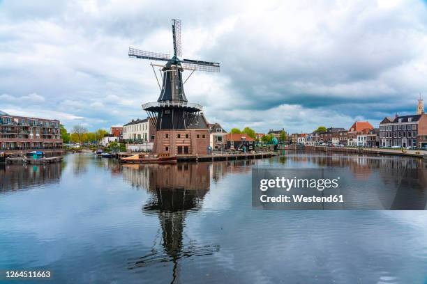 netherlands, north holland, haarlem, spaarne river canal and de adriaan windmill - haarlem netherlands stock pictures, royalty-free photos & images