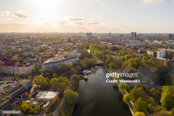 germany, berlin, aerial view of landwehr canal at sunset - kreuzberg stock pictures, royalty-free photos & images