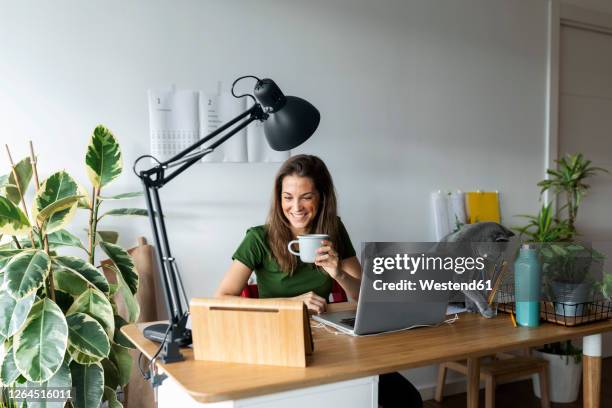 smiling female entrepreneur holding mug using digital tablet on desk in home office - cat laptop stock pictures, royalty-free photos & images