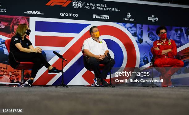 Williams Deputy Team Principal Claire Williams , McLaren Chief Executive Officer Zak Brown and Scuderia Ferrari Team Principal Mattia Binotto talk in...