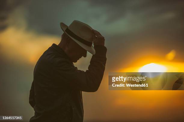 senior man bowing in front of setting sun - saluer en s'inclinant photos et images de collection