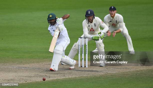 Asad Shafiq of Pakistan bats watched on by Jos Buttler of England during Day Three of the 1st #RaiseTheBat Test Match between England and Pakistan at...