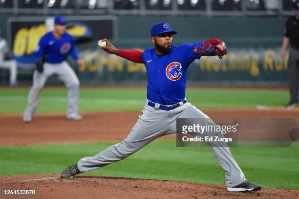 Relief pitcher Jeremy Jeffress of the Chicago Cubs throws against the Kansas City Royals at Kauffman Stadium on August 5, 2020 in Kansas City,...