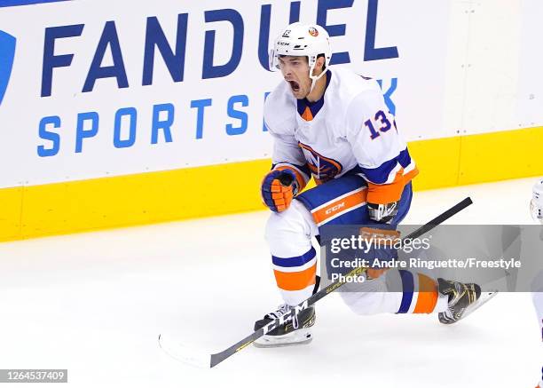 Mathew Barzal of the New York Islanders celebrates his goal in the third period against the Florida Panthers in Game Four of the Eastern Conference...