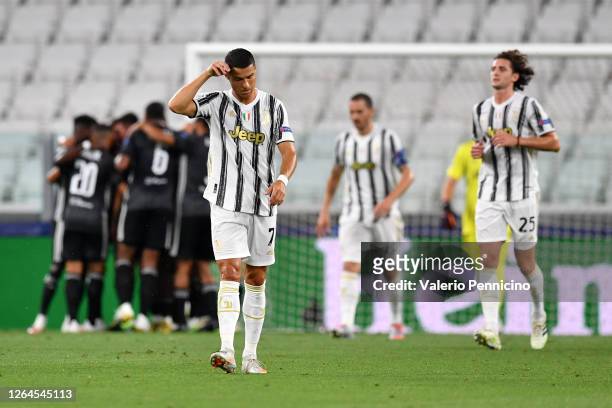 Cristiano Ronaldo of Juventus looks dejected after his team concede during the UEFA Champions League round of 16 second leg match between Juventus...