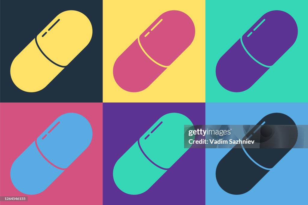 Pop arte Medicina píldora o tableta icono aislado en el fondo de color. Píldora de cápsula y signo de drogas. Diseño de farmacia. Ilustración vectorial