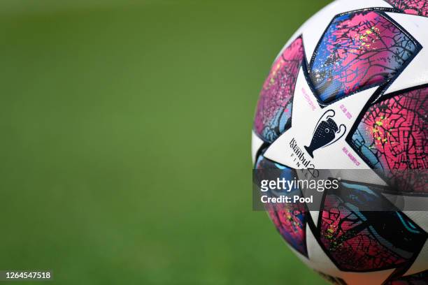 Detailed view of the Adidas Finale 20 Istanbul match ball is seen prior to the UEFA Champions League round of 16 second leg match between Manchester...