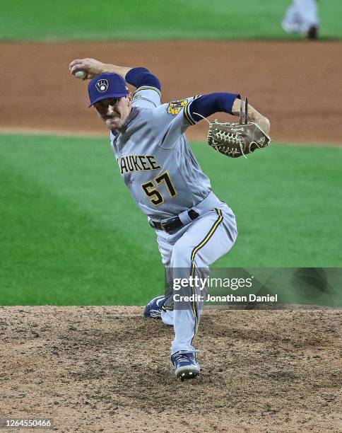 Eric Yardley of the Milwaukee Brewers pitches the 9th inning against the Chicago White Sox at Guaranteed Rate Field on August 06, 2020 in Chicago,...