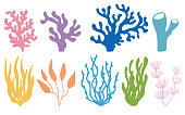 Vector set of colored corals and seaweeds silhouettes. Underwater coral reef and sea kelp in hand drawn doodle style. Marine aquarium plants illustration