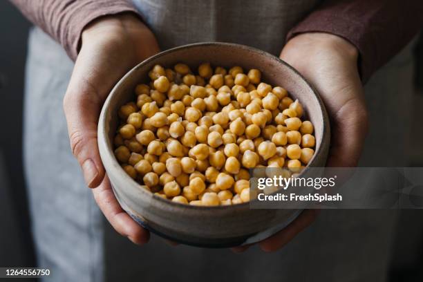 hands of an anonymous woman hlding cooked garbanzo beans in a bowl - chickpea stock pictures, royalty-free photos & images