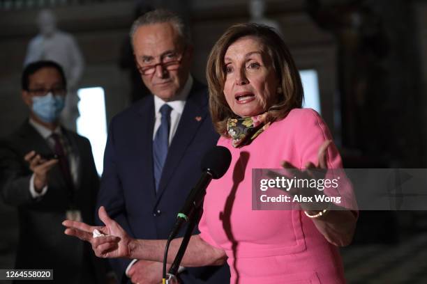 Speaker of the House Rep. Nancy Pelosi and Senate Minority Leader Sen. Chuck Schumer speak to members of the press after a meeting with Treasury...
