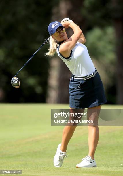 Amy Boulden of Wales plays her tee shot on the third hole during day two of The Rose Ladies Series Grand Final at The Berkshire on August 06, 2020 in...