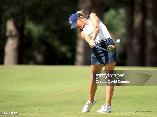 Amy Boulden of Wales plays her tee shot on the third hole during day two of The Rose Ladies Series Grand Final at The Berkshire on August 06, 2020 in...
