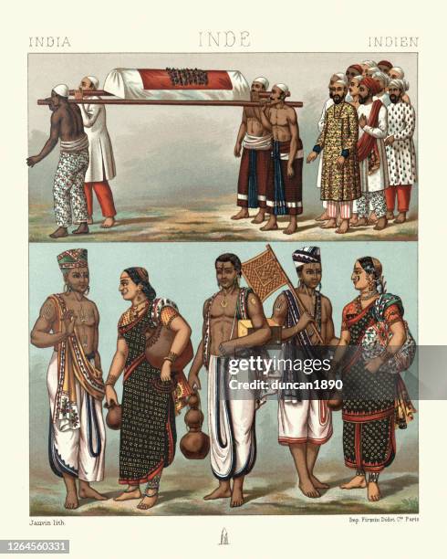 traditional indian funeral and costumes of brahmins - coffin illustration stock illustrations