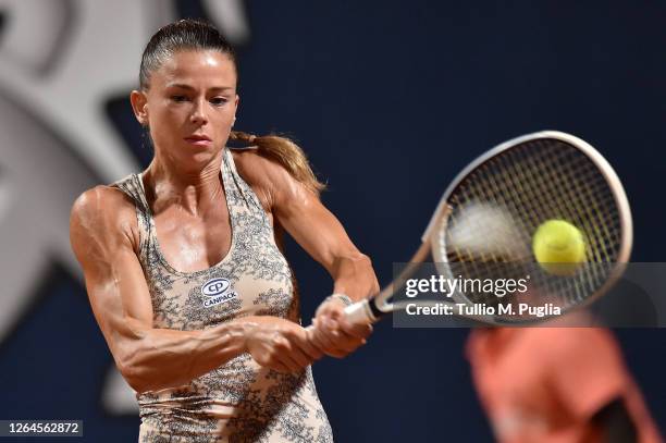 Camila Giorgi of Italy returns a shot against Dayana Yastremska of Ukraine during 31st Palermo Ladies Open - Quarter Finals on August 07, 2020 in...