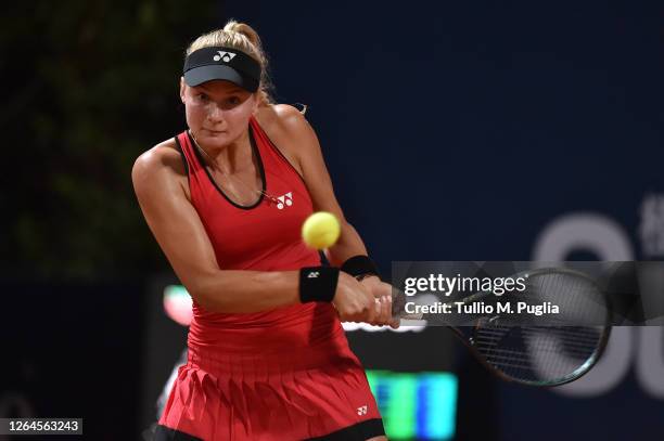 Dayana Yastremska of Ukraine returns a shot against Camila Giorgi of Italy during 31st Palermo Ladies Open - Quarter Finals on August 07, 2020 in...