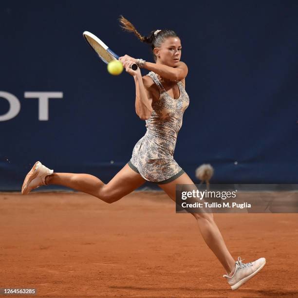 Camila Giorgi of Italy returns a shot against Dayana Yastremska of Ukraine during 31st Palermo Ladies Open - Quarter Finals on August 07, 2020 in...