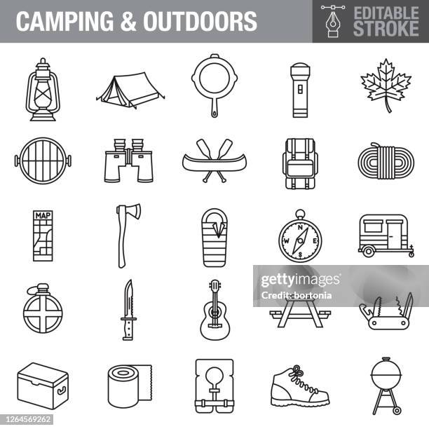 ilustrações, clipart, desenhos animados e ícones de conjunto de ícones de traçado editável de camping - mochileiro