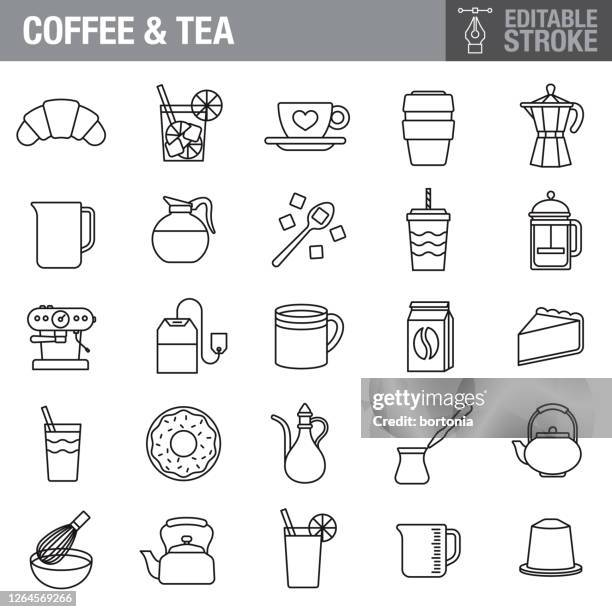 kaffee und tee editierbarstrich icon set - coffee capsules stock-grafiken, -clipart, -cartoons und -symbole