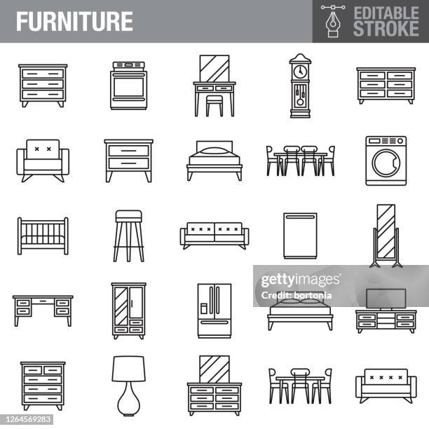 ilustraciones, imágenes clip art, dibujos animados e iconos de stock de conjunto de iconos de trazos editables de muebles - bureau