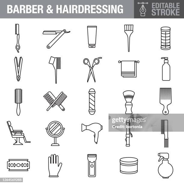 friseur editierbarstrich icon set - friseursalon stock-grafiken, -clipart, -cartoons und -symbole