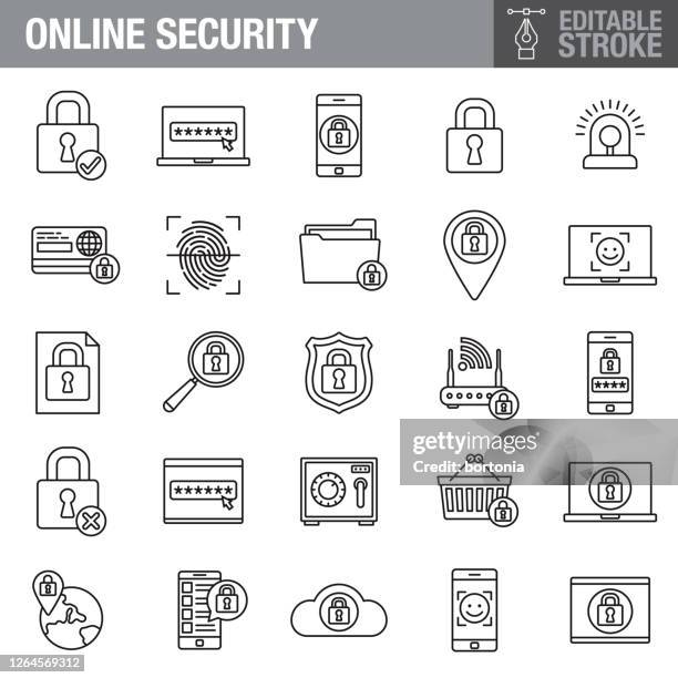 ilustrações, clipart, desenhos animados e ícones de conjunto de ícones de traçado editável de segurança on-line - biometrics