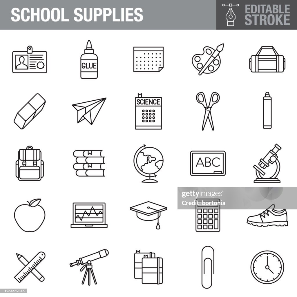 School Supplies Editable Stroke Icon Set