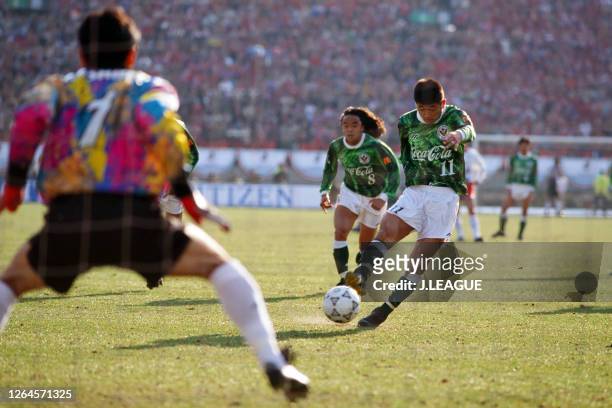 Kazuyoshi Miura of Verdy Kawasaki converts the penalty to score his side's first goal during the J.League Suntory Championship second leg match...