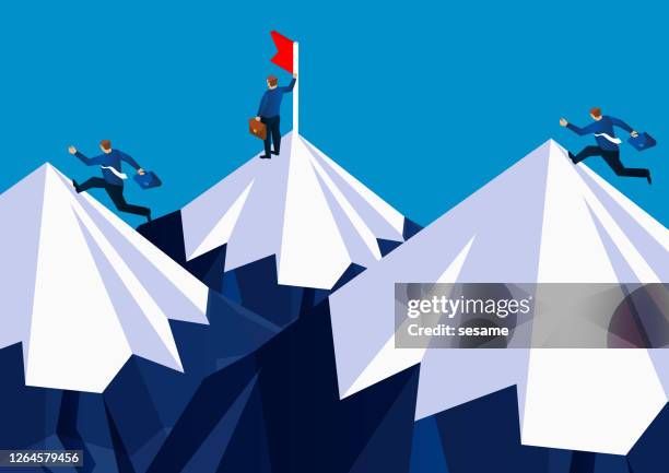 businessmen in a mountain climbing competition, businessmen on the top of the mountain running towards another mountain with a flag, business concept of winning and competition - development summit stock illustrations