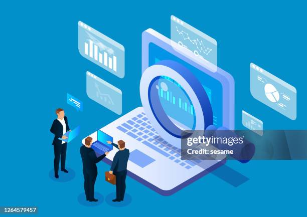 stockillustraties, clipart, cartoons en iconen met internet netwerk zoektechnologie, mensen uit het bedrijfsleven gebruik vergrootglas om te zoeken op laptops - isometric projection