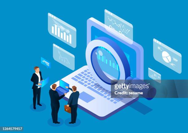 internet network search technology, business people use magnifying glass to search on laptops - magnifying glass stock illustrations