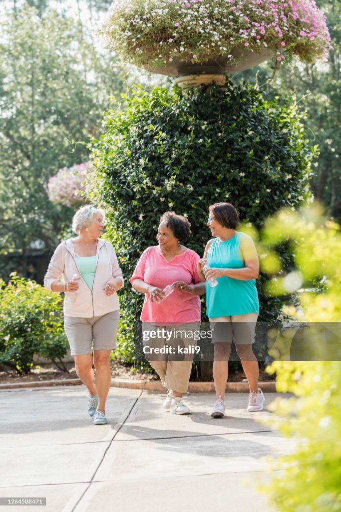 Multi-ethnic senior women walking in the park together