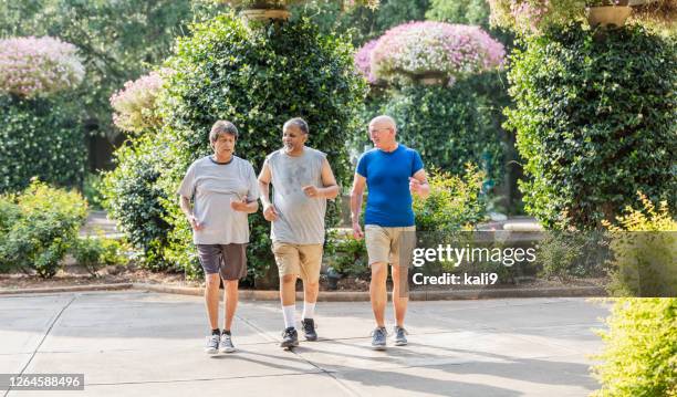 three multi-ethnic men exercising in the park - 3 old men jogging stock pictures, royalty-free photos & images