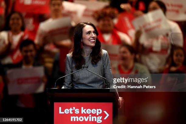 New Zealand Prime Minister Jacinda Ardern speaks at the Labour Party 2020 election campaign launch on August 08, 2020 in Auckland, New Zealand. The...