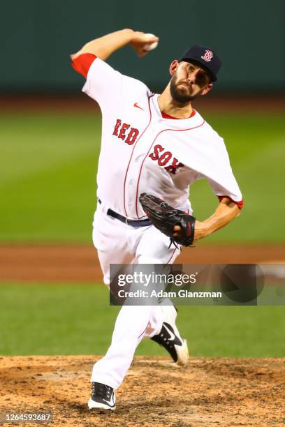 Matt Barnes of the Boston Red Sox pitches in the eighth inning of a game against the Toronto Blue Jays at Fenway Park on August 7, 2020 in Boston,...