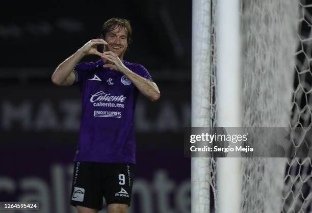 Fernando Aristeguieta of Mazatlán celebreates after scoring his team's first goal during the 3rd round match between Mazatlan FC and Toluca as part...