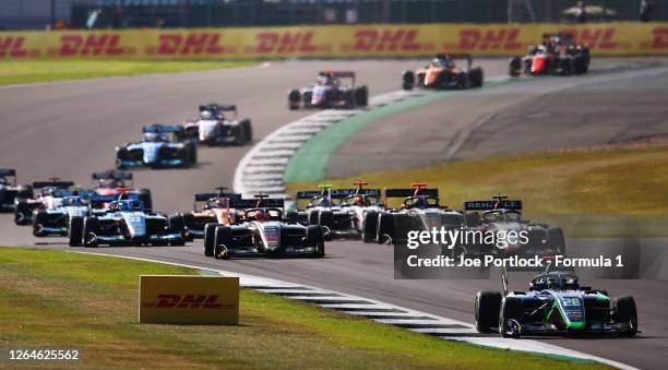 Cameron Das of United States and Carlin Buzz Racing leads Max Fewtrell of Great Britain and Hitech Grand Prix during race one of the Formula 3...