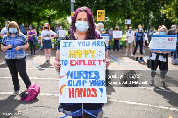 Nurses and other frontline NHS workers stage a protest Glasgow Green after being left out of a public sector pay rise on August 08, 2020 in Glasgow,...