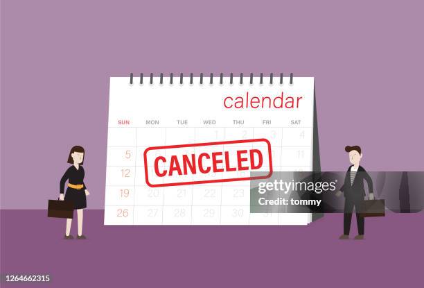 business people look a canceled rubber stamp on a calendar - cancelled stock illustrations