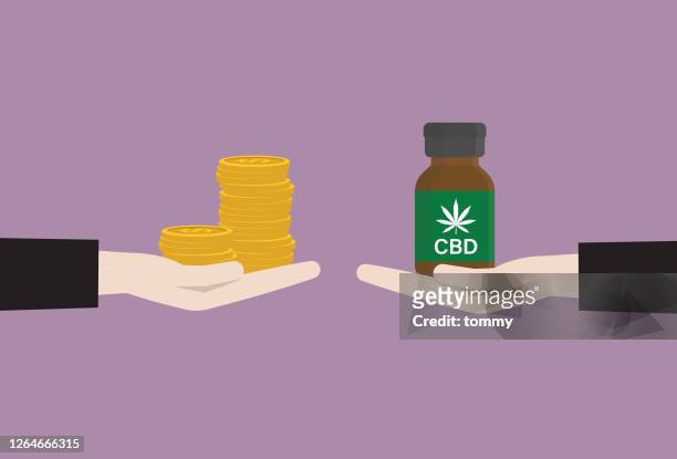 businessman exchange between cbd oil and money - cannabis business stock illustrations