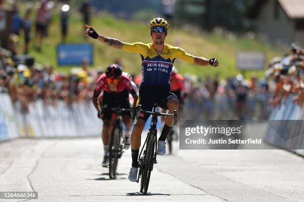 Arrival / Primoz Roglic of Slovenia and Team Jumbo - Visma / Celebration / Egan Arley Bernal Gomez of Colombia and Team INEOS / Valerio Conti of...