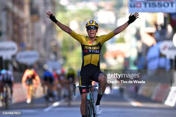Arrival / Wout Van Aert of Belgium and Team Team Jumbo - Visma / Celebration / during the 111st Milano - Sanremo 2020 a 305km race from Milano to...